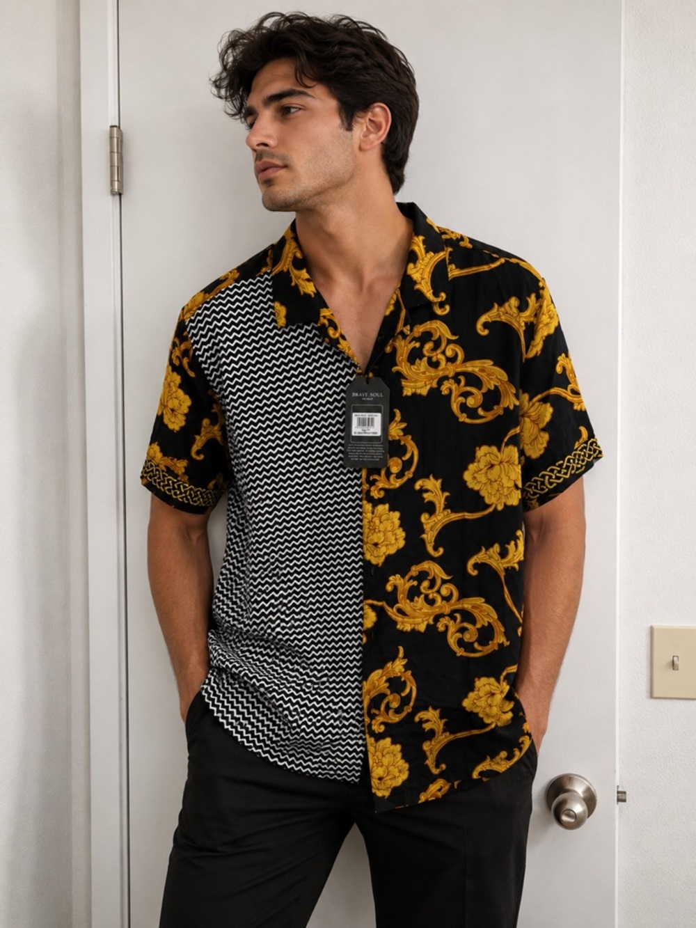 Brave Soul Black and Yellow Split-Print Short Sleeve Button-Up Shirt